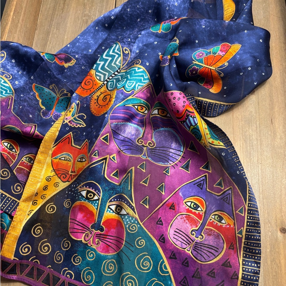 Vintage Laurel Burch Jewel-Tone Cat Print Scarf with Gold Accents 100% Silk - Picture 4 of 5